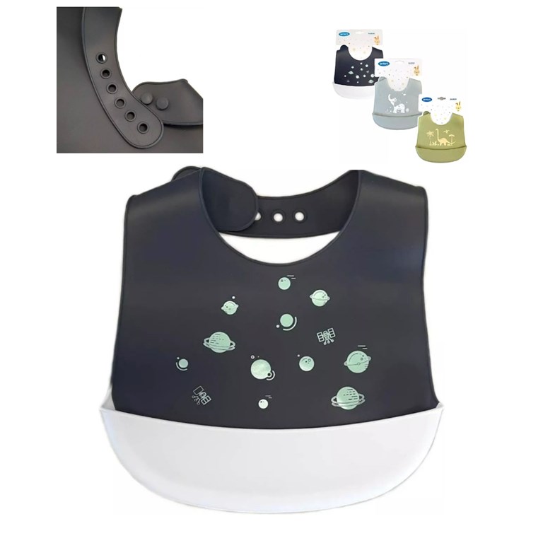 BABERO DE SILICONA PARA BEBES ESTAMPADO CON BOLSILLO CONTENEDOR PRIORI