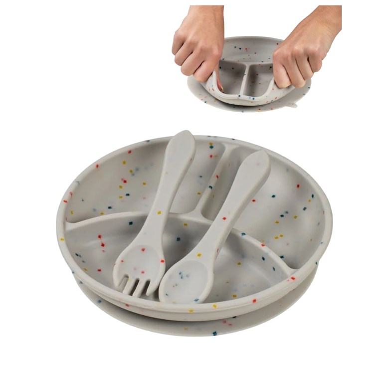 SET DE ALIMENTACIÓN DE SILICONA 6PCS PLATO CUCHARA TENEDOR BOWL VASO Y BABERO. PRIORI
