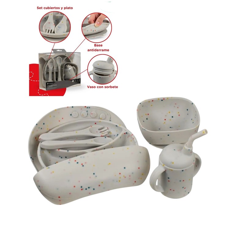 SET DE ALIMENTACIÓN DE SILICONA 6PCS PLATO CUCHARA TENEDOR BOWL VASO Y BABERO. PRIORI