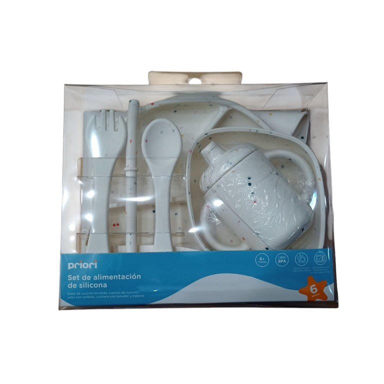 SET DE ALIMENTACIÓN DE SILICONA 6PCS PLATO CUCHARA TENEDOR BOWL VASO Y BABERO. PRIORI