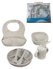 SET DE ALIMENTACIÓN DE SILICONA 6PCS PLATO CUCHARA TENEDOR BOWL VASO Y BABERO. PRIORI