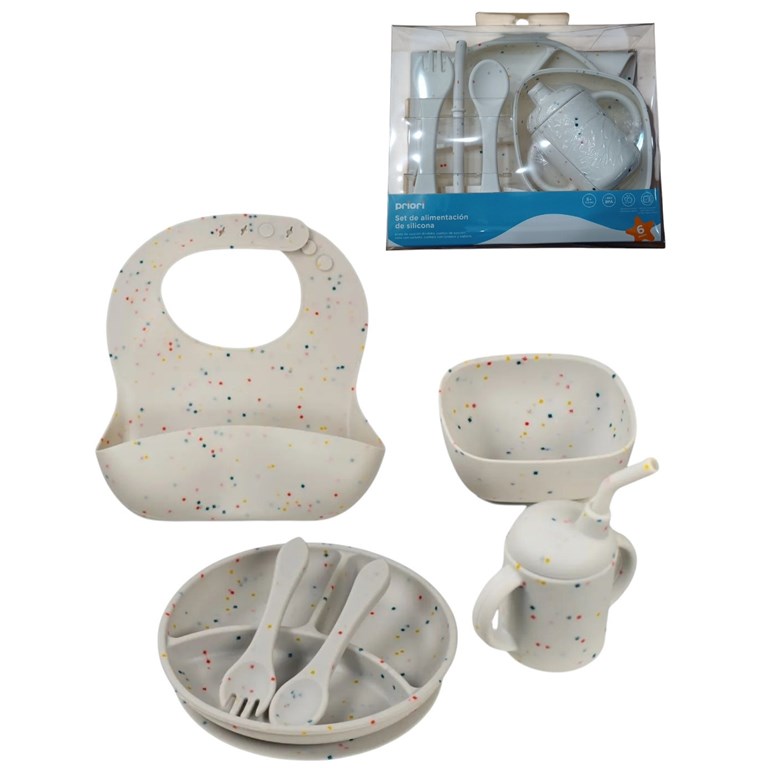 SET DE ALIMENTACIÓN DE SILICONA 6PCS PLATO CUCHARA TENEDOR BOWL VASO Y BABERO. PRIORI