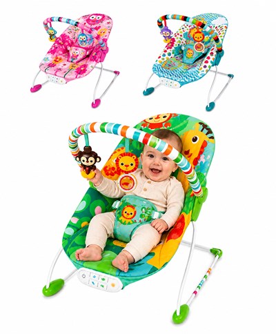Silla mecedora para bebé (0 a 12 kg). Con vibración y melodías, barra desmontable con juguetes, arnés 3 puntos y funda lavable. Liviana y práctica. Funciona con 4 pilas AA (no incluidas). PRIORI
