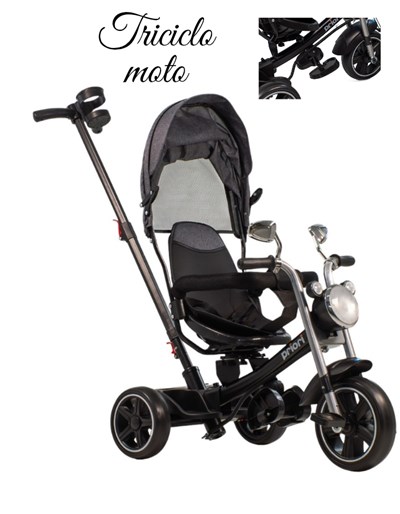 3720772 triciclo infantil priori con manija,capota retractil y asiento giratorio, ideal para paseos seguros.Incluye luz,sonido,canasto,portavasos y soporta 50kg.