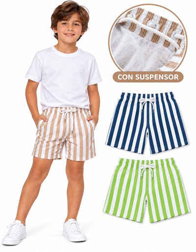 TE11917-BF Short baño rayado IMPORTADO PREMIUM con suspensor y elastico. Presentado en bolsa pack de regalo. Labendel
