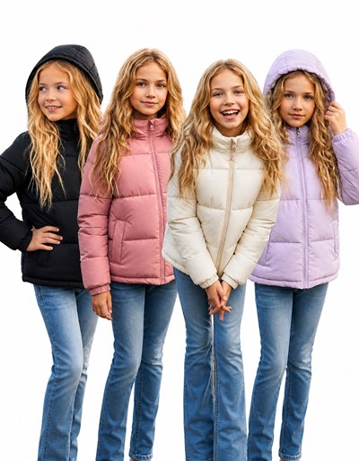 Campera nena lisa revestida en piel, con interior relleno en guata. Calidad premium. Importada. Colores: Crudo-Rosa viejo - Negro - Lila