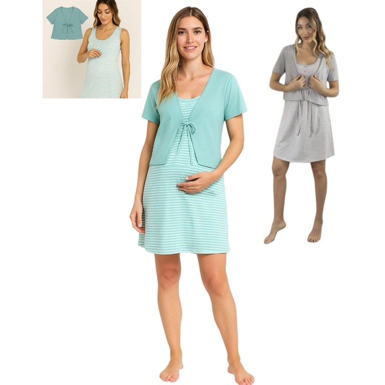 Camison maternal rayado de jersey con mañanita lisa. Colores varios