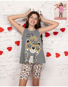 Pijama con casaca de jersey y calza estampa gatito animal print