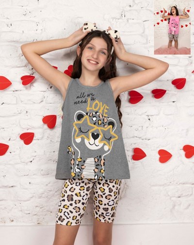 Pijama con casaca de jersey y calza estampa gatito animal print