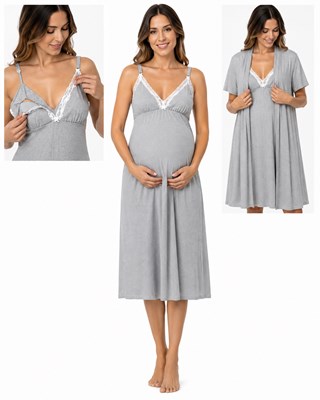 CAMISON MATERNAL DE JERSEY RAYADO CON MAÑANITA Y TAZA DE LACTANCIA
