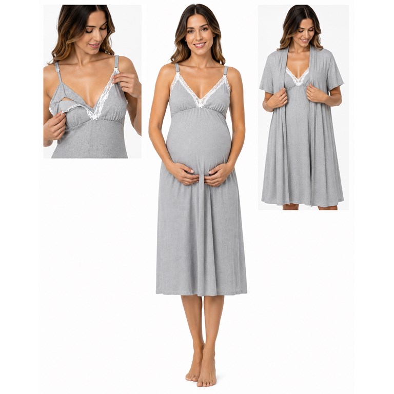 CAMISON MATERNAL DE JERSEY RAYADO CON MAÑANITA Y TAZA DE LACTANCIA