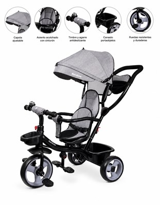 TRICICLO SAFARI PLUS ESTRUCTURA METALICA. ASIENTO GIRATORIO 360°. MANIJA DIRECCIONAL. CAPOTA, MANIJA Y BARANDA DESMONTABLE. PRIORI