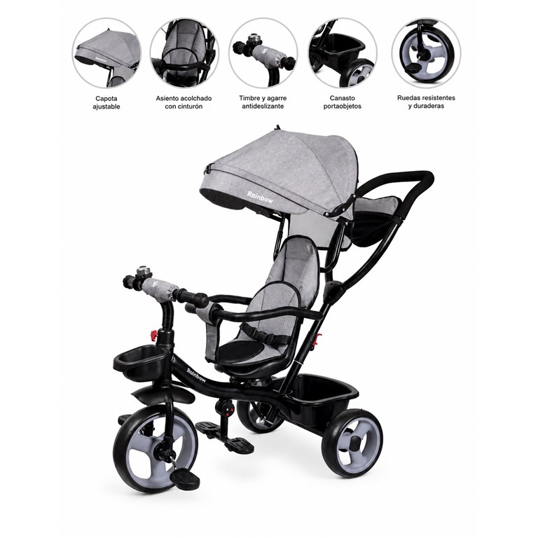 TRICICLO SAFARI PLUS ESTRUCTURA METALICA. ASIENTO GIRATORIO 360°. MANIJA DIRECCIONAL. CAPOTA, MANIJA Y BARANDA DESMONTABLE. PRIORI