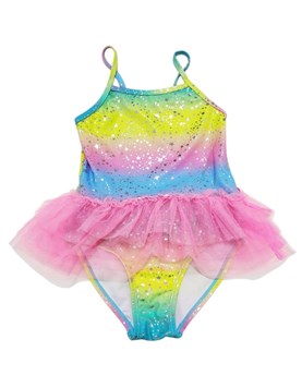 Traje de baño para nena enteriza con falda y tul estrellas.Posto