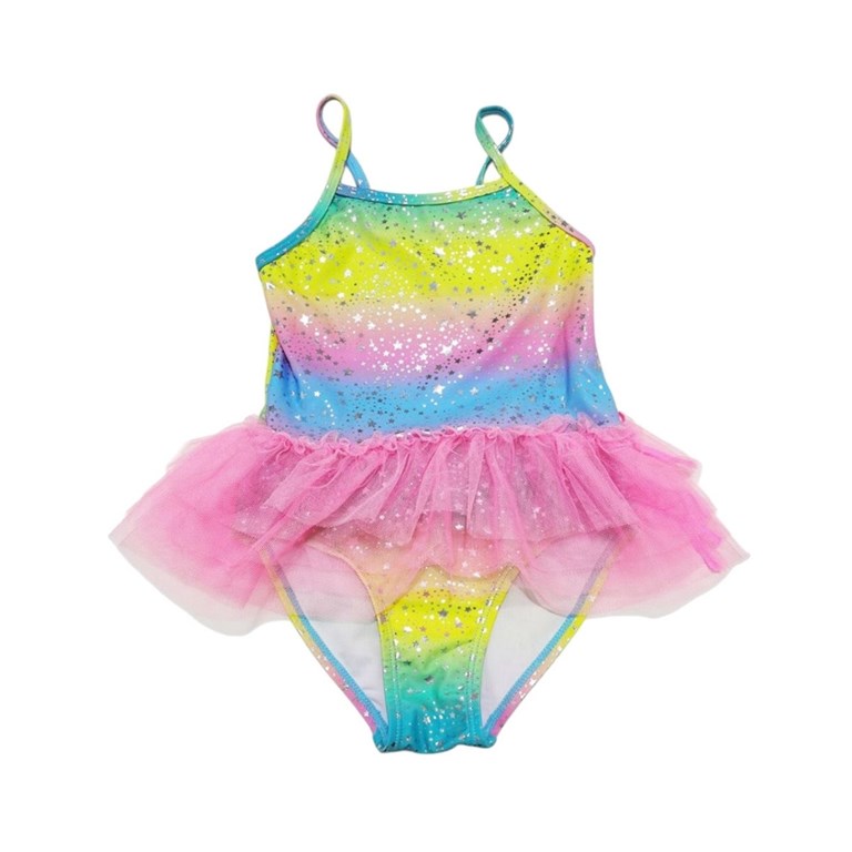 Traje de baño para nena enteriza con falda y tul estrellas.Posto