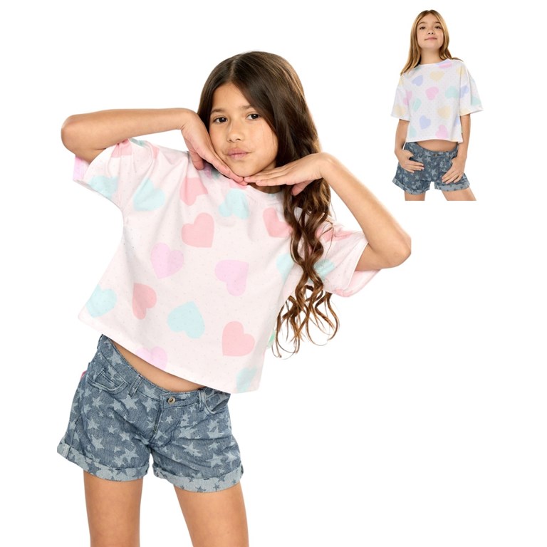remera manga corta de nena algodon con volados estampa corazones. Posto