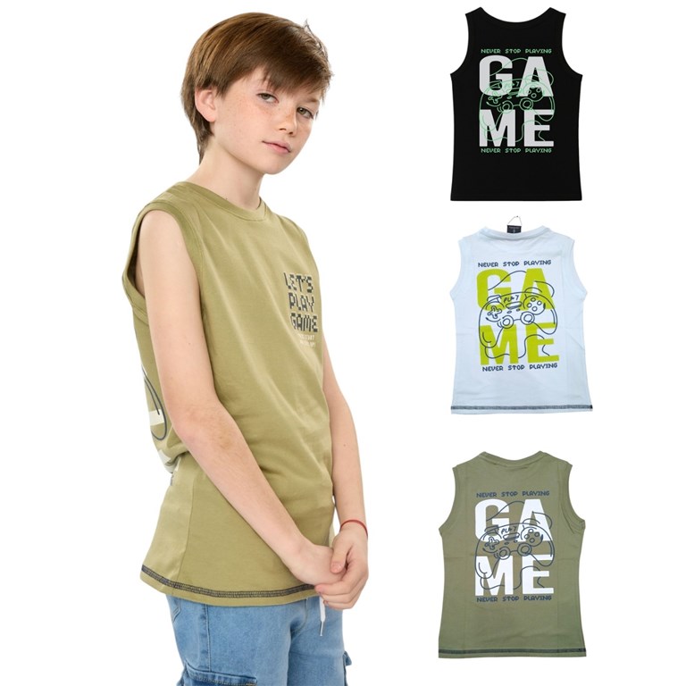 Musculosa nene de algodon estampado lets play game. Posto
