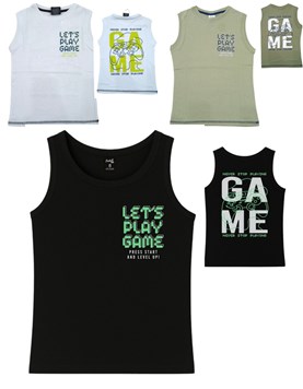 Musculosa nene de algodon estampado lets play game. Posto