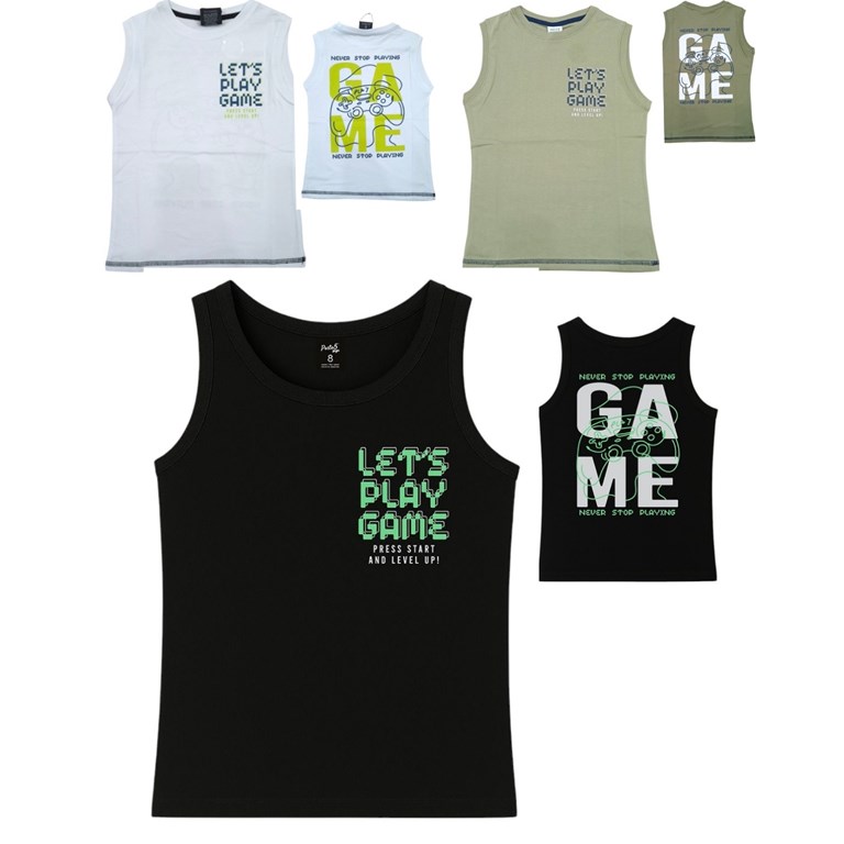 Musculosa nene de algodon estampado lets play game. Posto