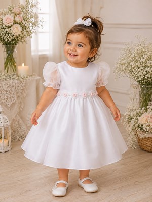 Vestido bautism, manga corta tull, lazo aplique flores y perlas