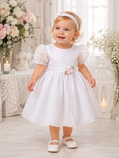 Vestido bautismo manga corta tul, aplique flores en lazo