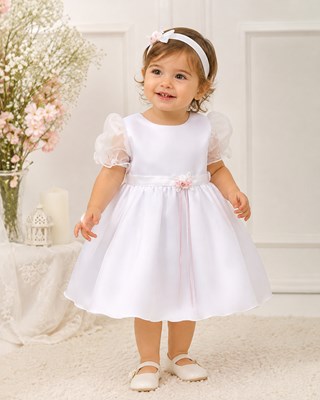 Vestido bautismo manga corta tul, apluque de florcitas en lazo