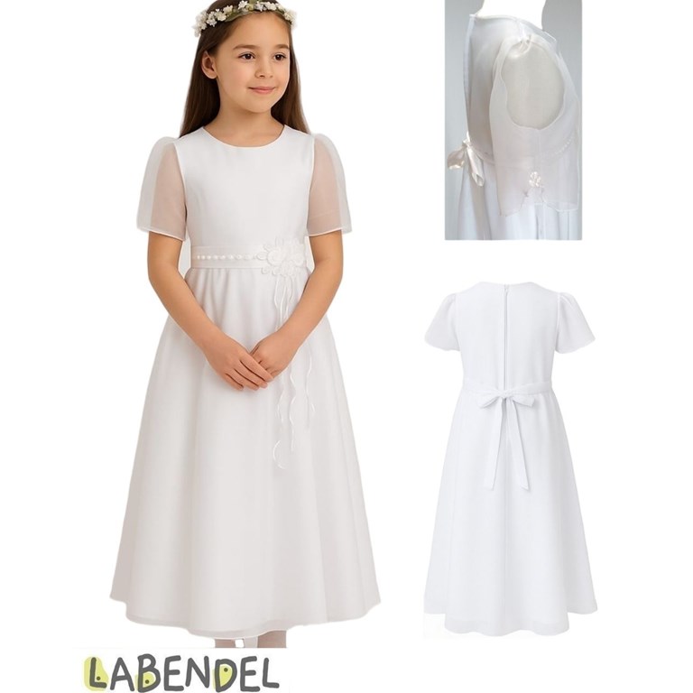 Vestido comunion manga corta de organza, cinto con perlas y tocado flores