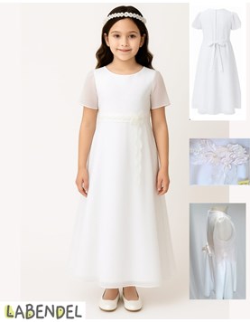 Vestido comunion manga corta de organaza, cinto con pertas y tocado flores