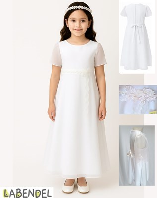 Vestido comunion manga corta de organza, cinto con perlas y tocado flores
