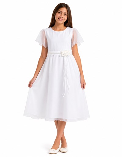 Vestido comunion manga corta de organza, cinto con perlas y tocado flores. Medidas del vestido: (P) pecho  (H) Hombros, (C) Cintura , (L) Largo