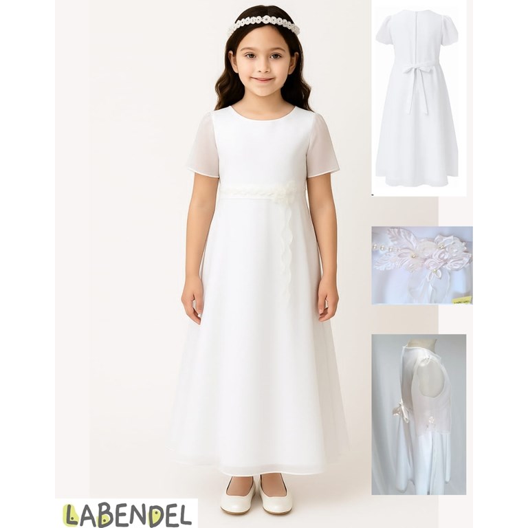 Vestido comunion manga corta de organza, cinto con perlas y tocado flores