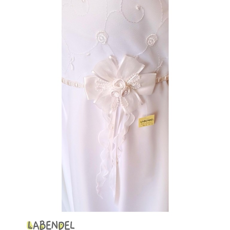 Vestido comunion manga corta organza, pechera bordada, moño con flores en en cinta