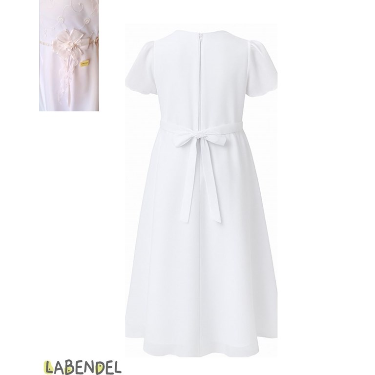Vestido comunion manga corta organza, pechera bordada, moño con flores en en cinta