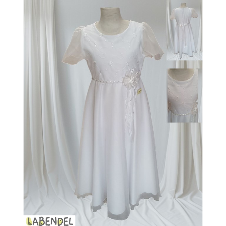 Vestido comunion manga corta organza, pechera bordada, moño con flores en en cinta