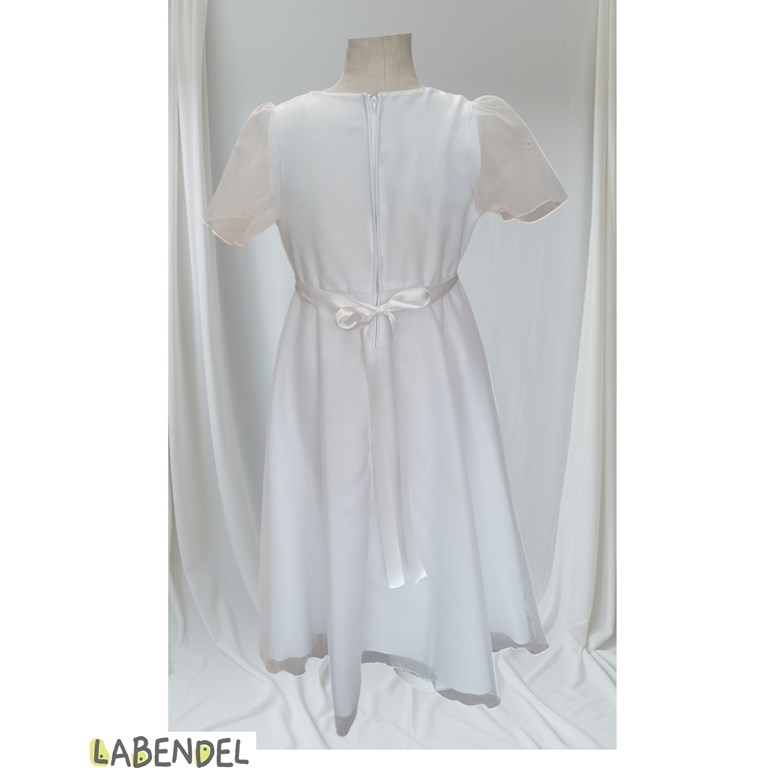 Vestido comunion manga corta organza, pechera bordada, moño con flores en en cinta