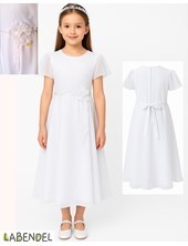 Vestido comunion manga corta organza, pechera bordada, moño con flores en en cinta