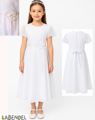 Vestido comunion manga corta organza, pechera bordada, moño con flores en en cinta
