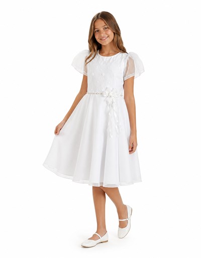 Vestido comunion manga corta organza, pechera bordada, moño con flores en en cinta. Medidas del vestido: (P) pecho  (H) Hombros, (C) Cintura , (L) Largo