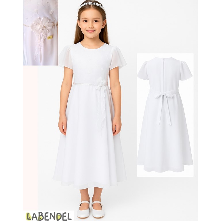 Vestido comunion manga corta organza, pechera bordada, moño con flores en en cinta