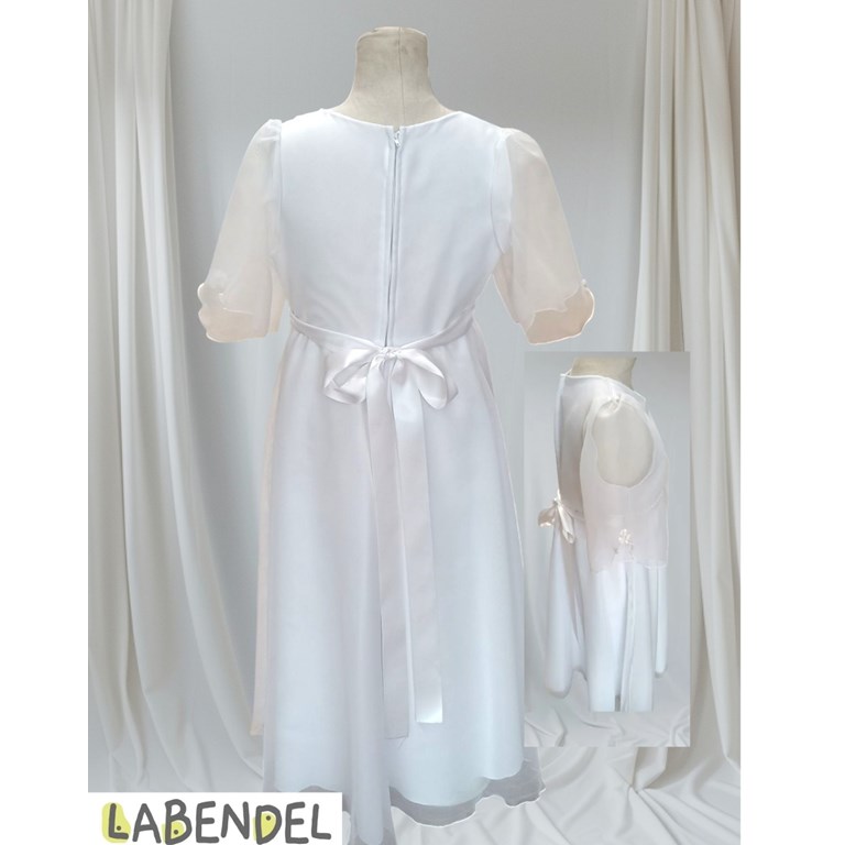 Vestido comunion manga corta, cinto puntilla con flor strass