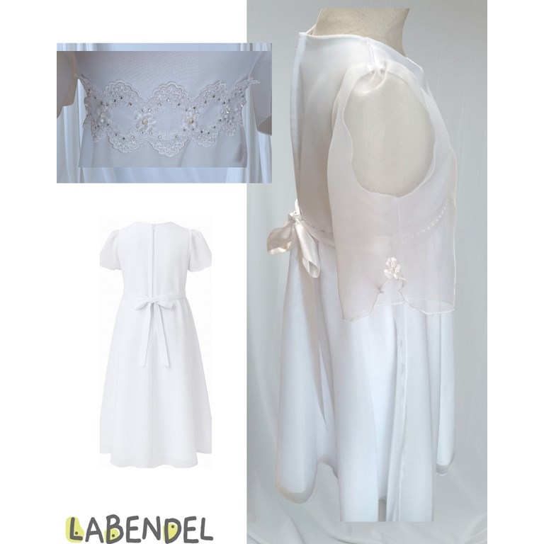 Vestido comunion manga corta, cinto puntilla con flor strass