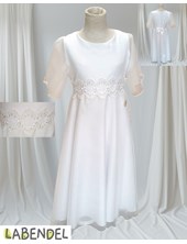 Vestido comunion manga corta, cinto puntilla con flor strass
