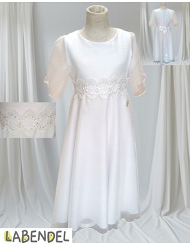 Vestido comunion manga corta, cinto puntilla con flor strass