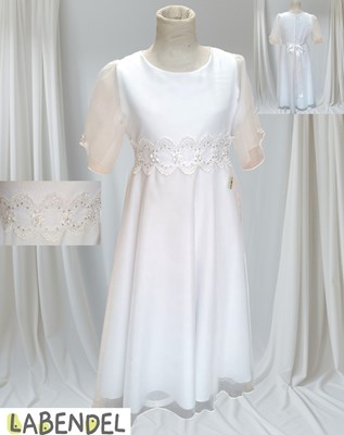 Vestido comunion manga corta, cinto puntilla con flor strass