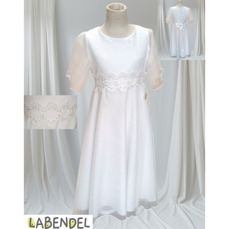 Vestido comunion manga corta, cinto puntilla con flor strass