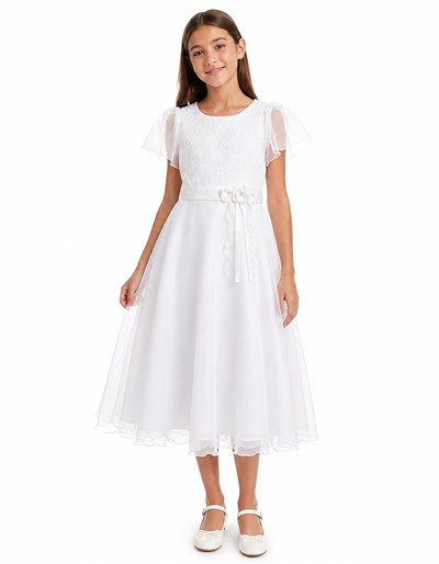 Vestido Comunion, managa corta, cinto puntilla con flor y estras. Medidas del vestido: (P) pecho  (H) Hombros, (C) Cintura , (L) Largo