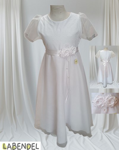 Vestido managa corta organaza, dos flores de razo en cintura. Medidas del vestido: (P) pecho  (H) Hombros, (C) Cintura , (L) Largo