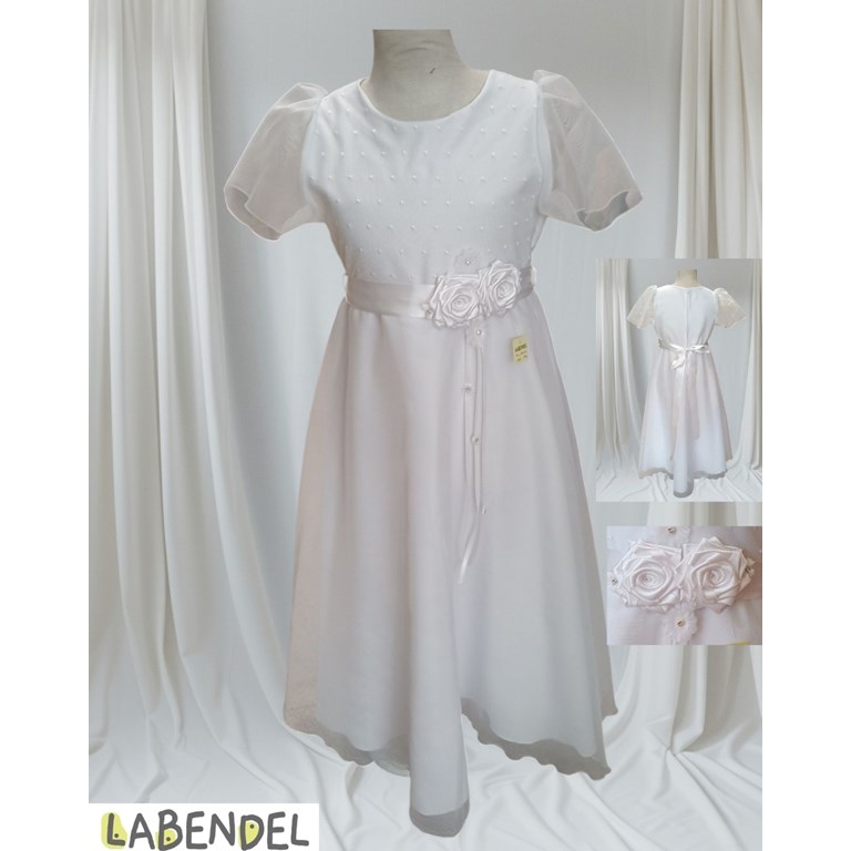 Vestido managa corta organaza, dos flores de razo en cintura