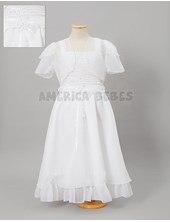 VESTIDO PARA COMUNION NENA CON MANGUITAS EN TUL Y PECHERA BORDADA CINTURON CON PERLITAS Y BOUQUET DE FLORES EVA CREACIONES