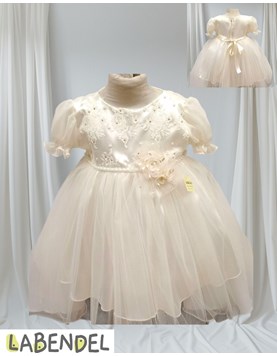 Vestido Bautismo manga corta falda tull, cinto de perlas con flores de organza